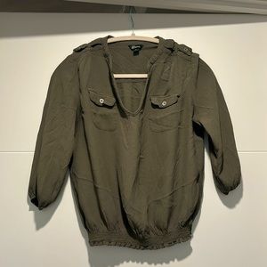Army Green Blouse with Shoulder Decor and Front Pockets